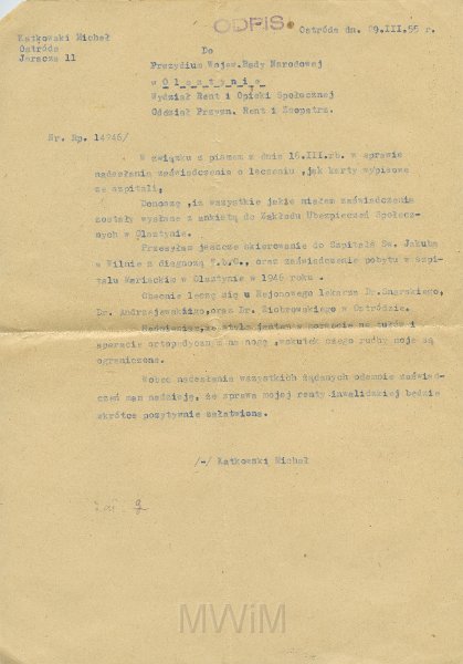 KKE 5546a.jpg - Dok. Pismo Michała Katkowskiego do Prezydium Wojewódzkiej Rady Narodowej, w którym pan Katkowski wysyła potrzebne dokumenty, Ostróda, 19 III 1955 r.